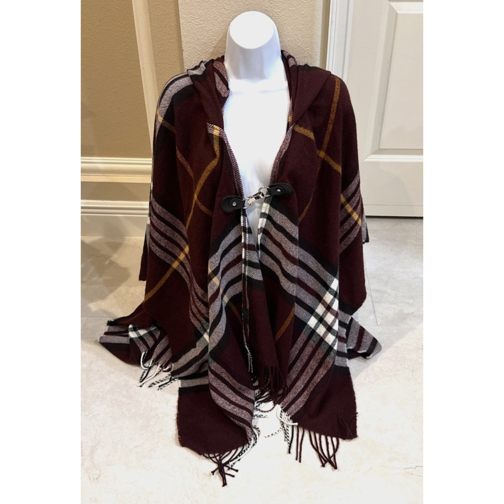 Fraas Red Plaid Hooded Poncho Wrap Shawl Black Silver Toggle Closure Fringe OS
